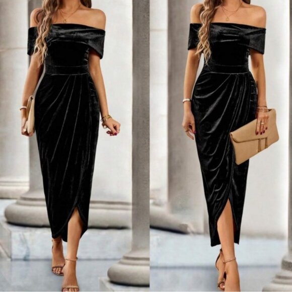 Luxe Velvet Off Shoulder Evening Party Wedding Formal dress - Picture 1 of 9